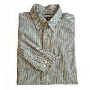 Nautica Mens Cotton Dress Shirt Striped M Green